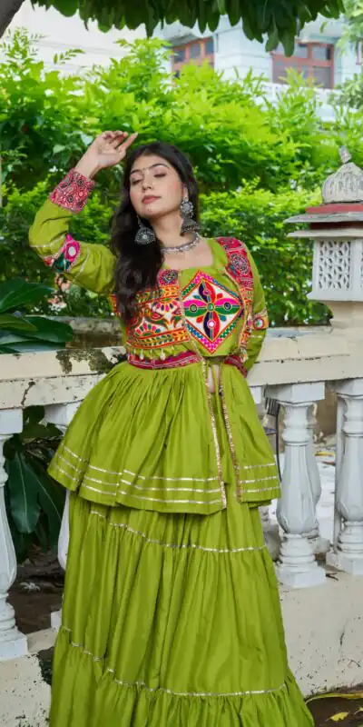 Ram 120 Parrot Green in Pure Cotton Mirror Work & Gamthi Work Lehenga Choli . Exclusive Offer ₹3049. Delivery 4-6 Working Days. Shop now. | Lehenga, Bollywood Lehenga, Creative Lehenga, Designer Lehenga, Embroidered Lehenga, Party Wear Lehenga
