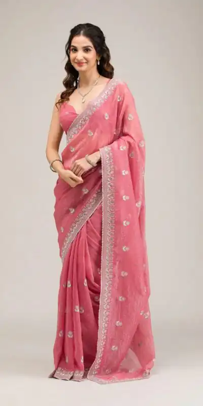 Peach Crunchy Ciffon Embroidery Zari Work Saree