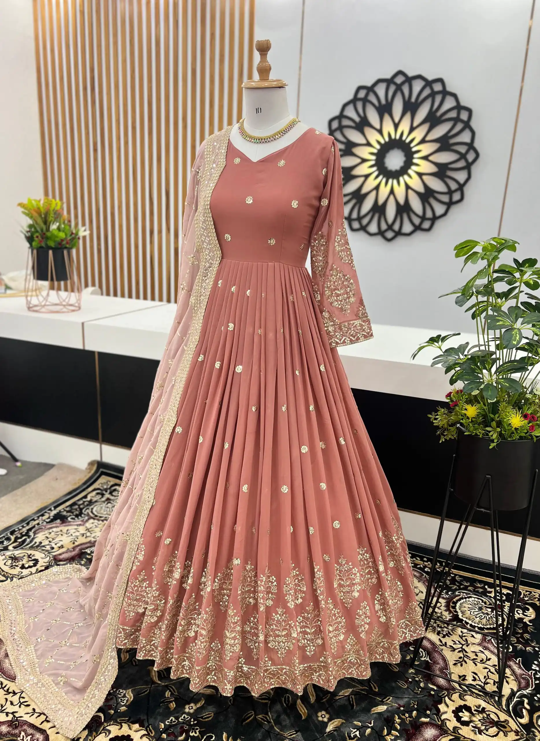 ZF 359 Peach Color Georgette Embroidery Sequence Work Gown Casual, Wedding, Party, Festive, Events Etc. Expected Delivery 4-6 Working Days @1999/- | Gowns, Bollywood Gowns, Creative Gowns, Designer Gowns, Embroidered Gowns, Party Wear Gowns