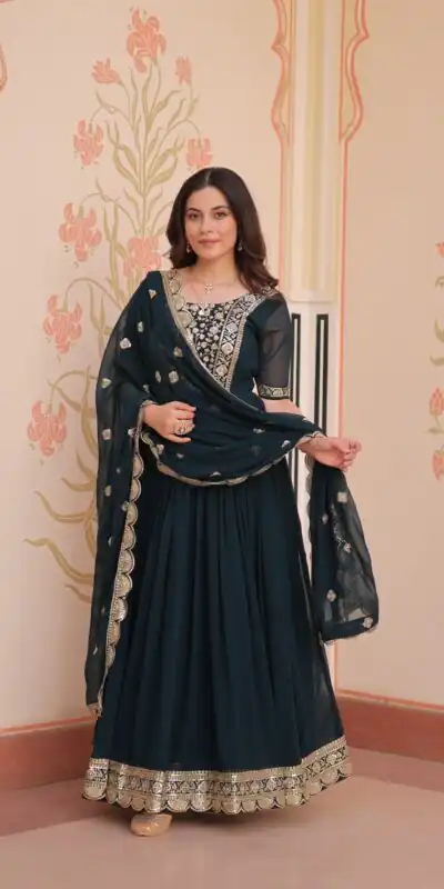 KA 1177 Peacock Blue in Faux Blooming Embroidery Work & Zari Work Gown . Special Price ₹2049. Delivery 4-6 Working Days. Shop now. | Gowns, Bollywood Gowns, Creative Gowns, Designer Gowns, Embroidered Gowns, Party Wear Gowns