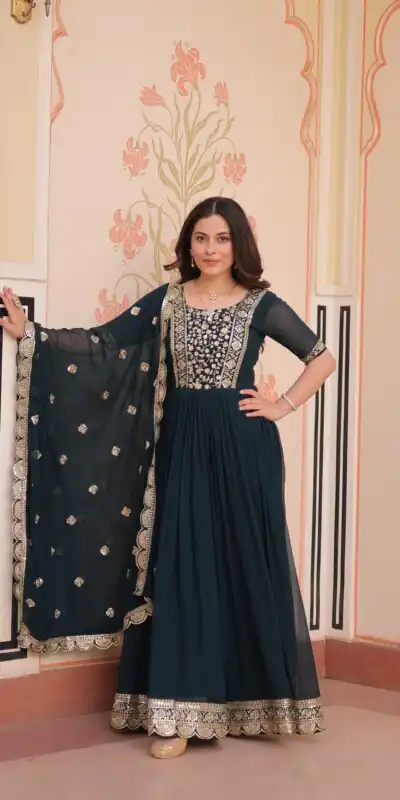 KA 1177 Peacock Blue in Faux Blooming Embroidery Work & Zari Work Gown . Special Price ₹2049. Delivery 4-6 Working Days. Shop now. | Gowns, Bollywood Gowns, Creative Gowns, Designer Gowns, Embroidered Gowns, Party Wear Gowns