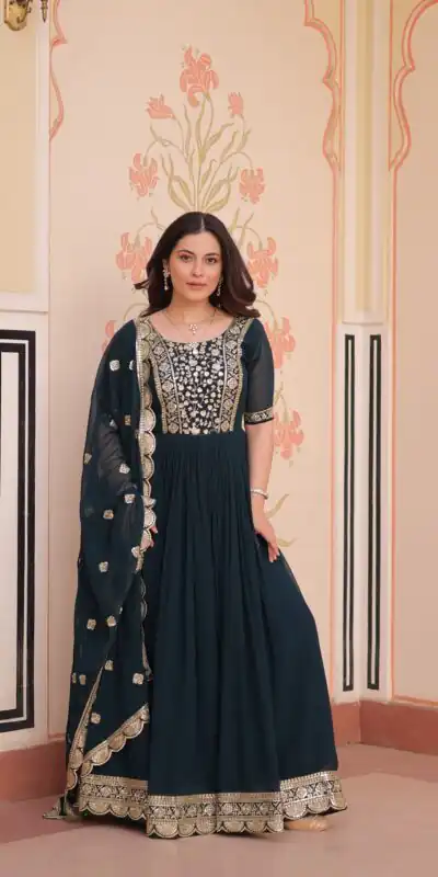 KA 1177 Peacock Blue in Faux Blooming Embroidery Work & Zari Work Gown . Special Price ₹2049. Delivery 4-6 Working Days. Shop now. | Gowns, Bollywood Gowns, Creative Gowns, Designer Gowns, Embroidered Gowns, Party Wear Gowns