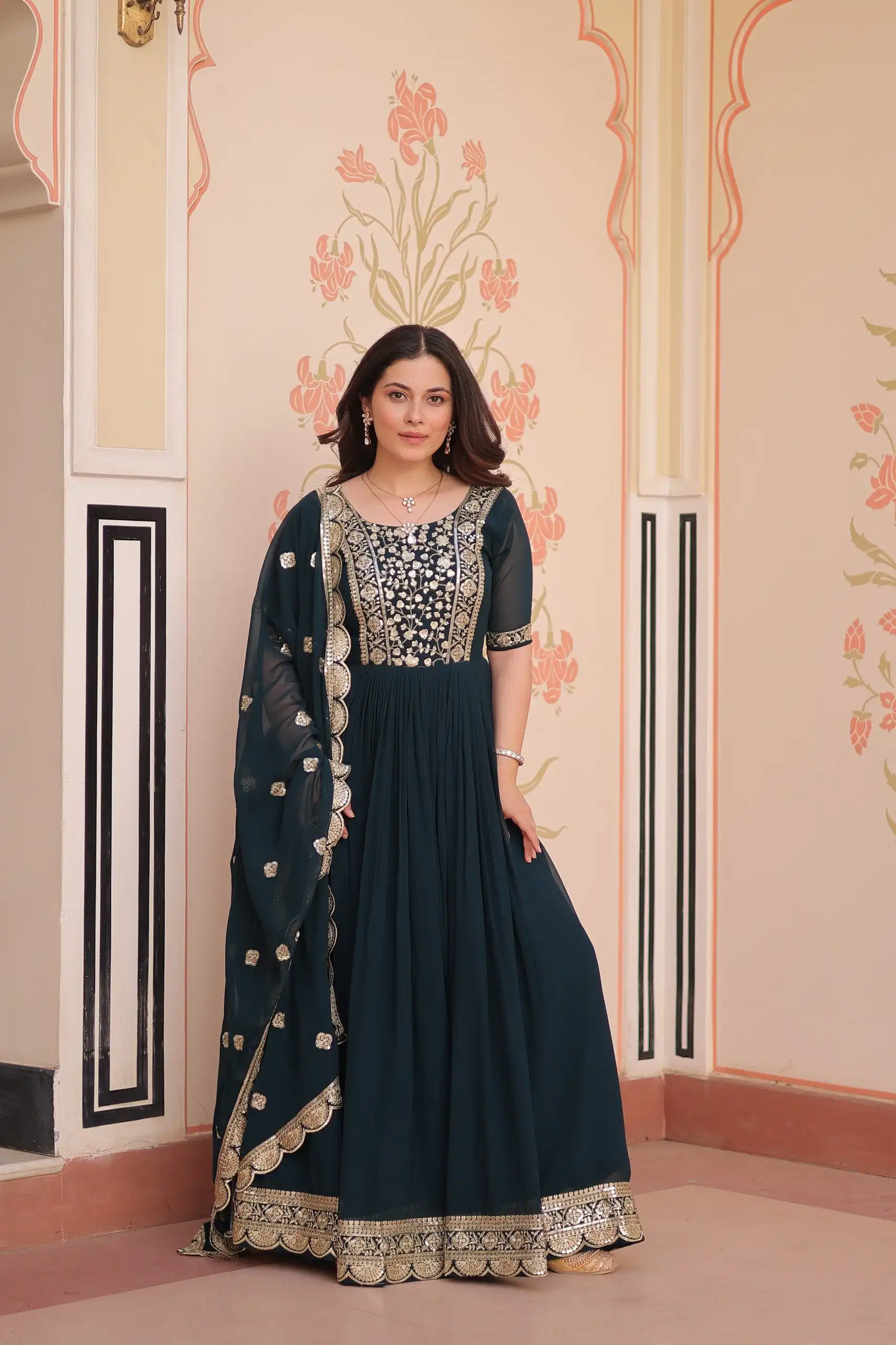 KA 1177 Peacock Blue in Faux Blooming Embroidery Work & Zari Work Gown . Special Price ₹2049. Delivery 4-6 Working Days. Shop now. | Gowns, Bollywood Gowns, Creative Gowns, Designer Gowns, Embroidered Gowns, Party Wear Gowns