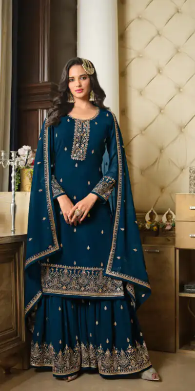 DS LT 8301 Peacock Blue color Georgette Embroidery Sequence Work Sharara Suit Wedding, Festive, Events Etc. Expected Delivery 4-6 Working Days @2149/- | Jump Suits, Salwar suit, Casual Suits, Creative suits, Designer Suits, Palazzo Suits, Party Wear Suits, Patiala Suits, Straight Suits
