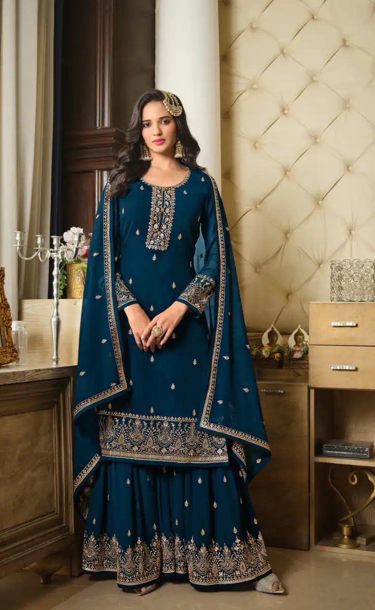 DS LT 8301 Peacock Blue color Georgette Embroidery Sequence Work Sharara Suit Wedding, Festive, Events Etc. Expected Delivery 4-6 Working Days @2149/- | Jump Suits, Salwar suit, Casual Suits, Creative suits, Designer Suits, Palazzo Suits, Party Wear Suits, Patiala Suits, Straight Suits