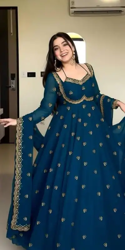 Peacock Blue Georgette Embroidery Work Gown