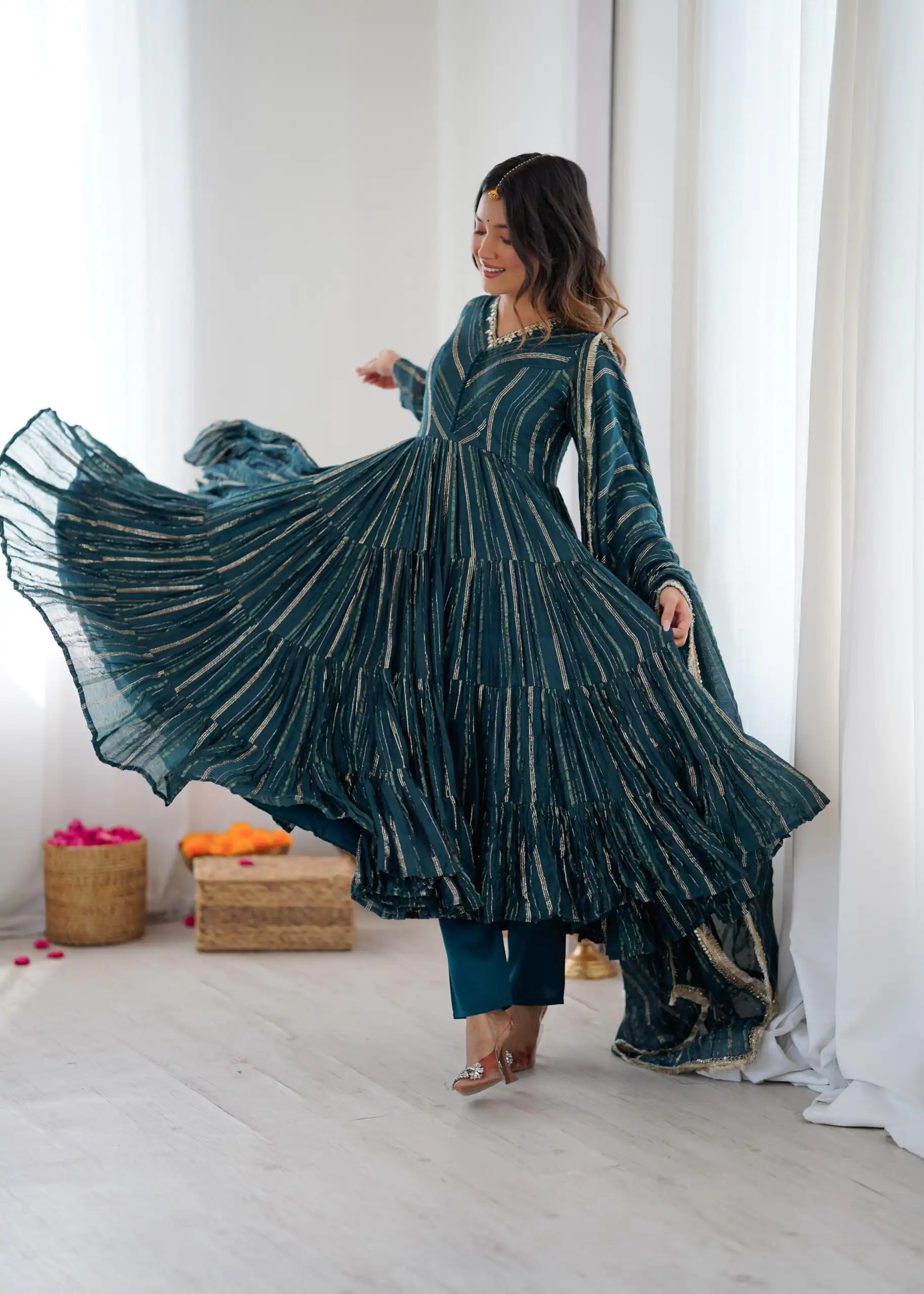 SRK 5305 Peacock Blue Color Mal Chanderi Gown with Mirror Work & Lace Work. Grab it for ₹2399. Delivery 4-6 Working Days. Shop now. | Gowns, Bollywood Gowns, Creative Gowns, Designer Gowns, Embroidered Gowns, Party Wear Gowns