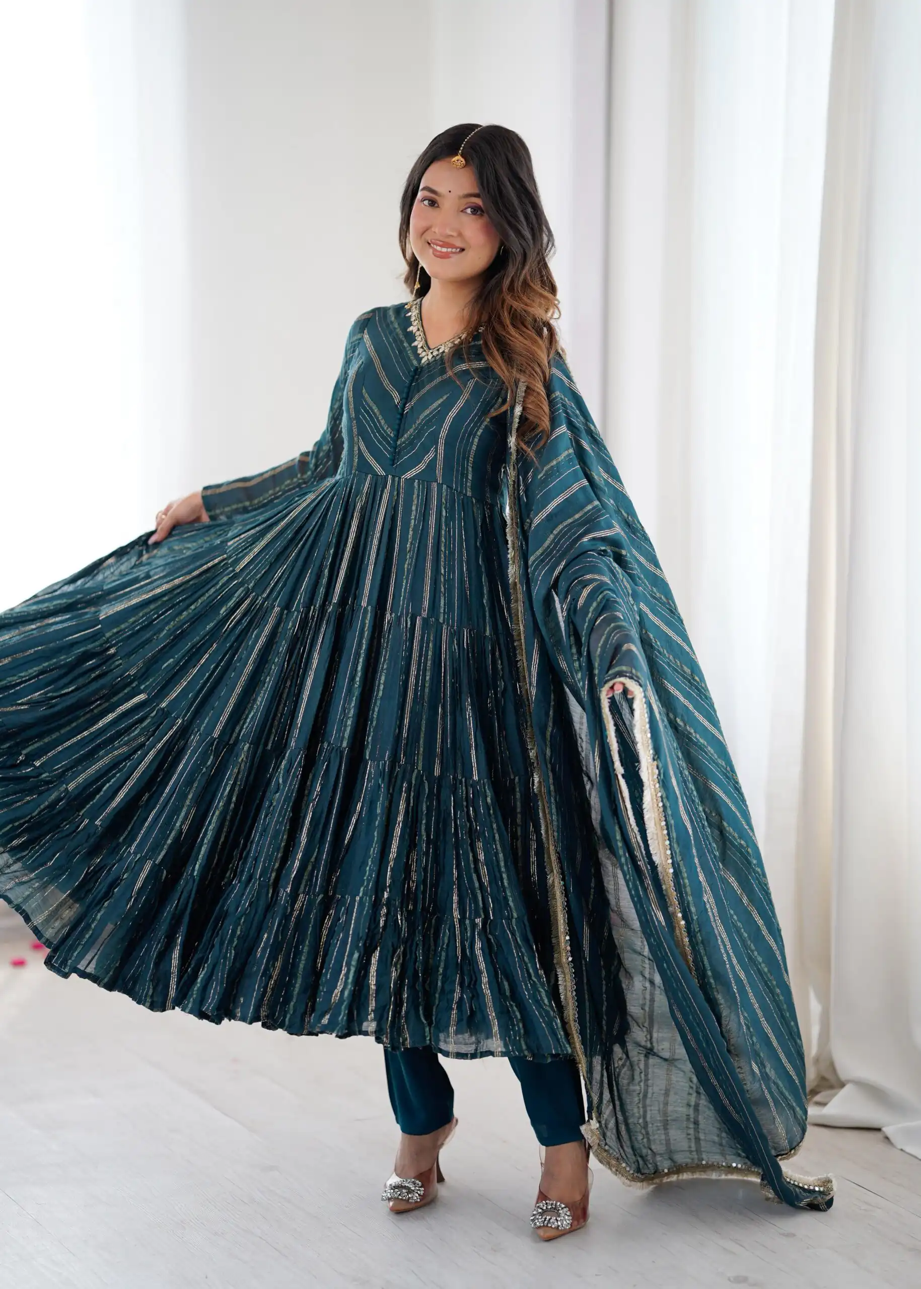 SRK 5305 Peacock Blue Color Mal Chanderi Gown with Mirror Work & Lace Work. Grab it for ₹2399. Delivery 4-6 Working Days. Shop now. | Gowns, Bollywood Gowns, Creative Gowns, Designer Gowns, Embroidered Gowns, Party Wear Gowns