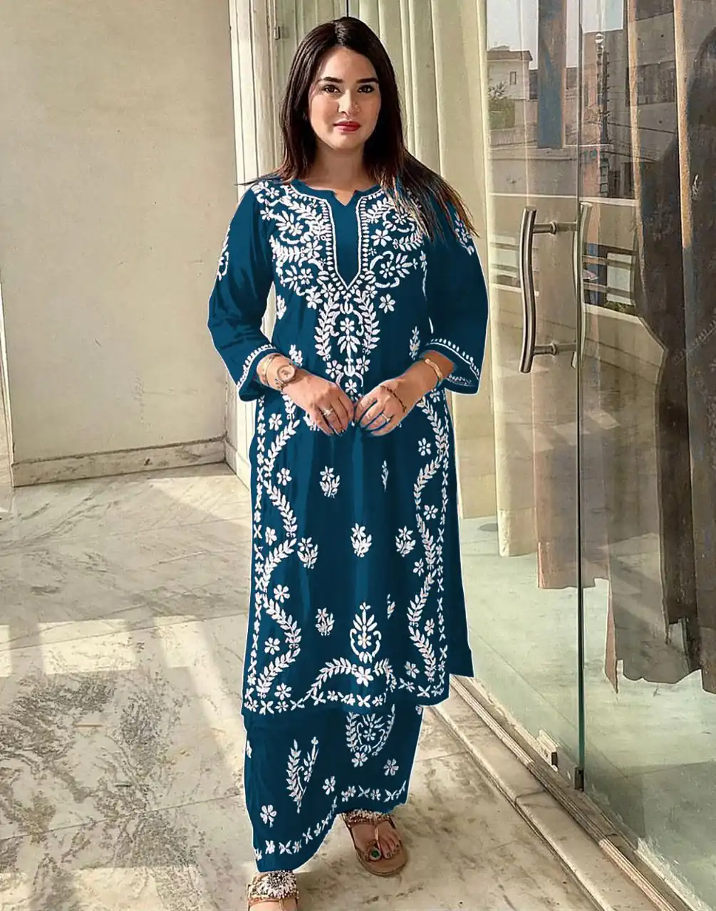 Peacock Blue Rayon Wid Lakhnavi Style Work Kurti