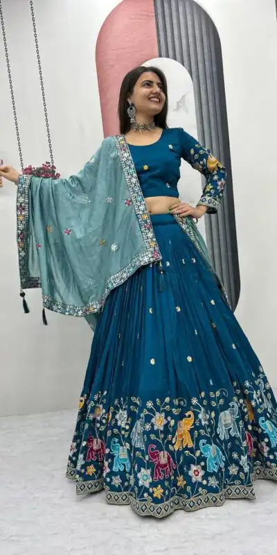 PC 545 Peacock Blue Vichitra Silk Lehenga Choli with Lace Border & Lace Work. Special Price ₹3249. Delivery 4-6 Working Days. Shop now. | Lehenga, Bollywood Lehenga, Creative Lehenga, Designer Lehenga, Embroidered Lehenga, Party Wear Lehenga