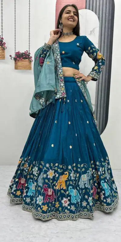 PC 545 Peacock Blue Vichitra Silk Lehenga Choli with Lace Border & Lace Work. Special Price ₹3249. Delivery 4-6 Working Days. Shop now. | Lehenga, Bollywood Lehenga, Creative Lehenga, Designer Lehenga, Embroidered Lehenga, Party Wear Lehenga