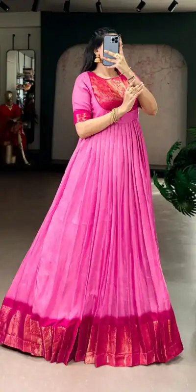 YNF 5012 Pink Mass Mello Gown with Zari Work. Available at ₹1799 only. Wedding, Party, Festive, Events Delivery 4-6 Working Days. Shop now. | Gowns, Bollywood Gowns, Creative Gowns, Designer Gowns, Embroidered Gowns, Party Wear Gowns
