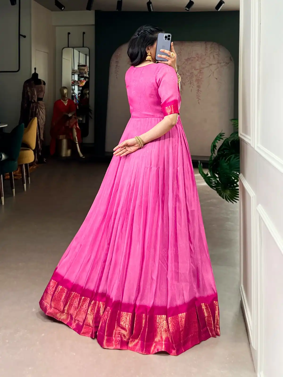 YNF 5012 Pink Mass Mello Gown with Zari Work. Available at ₹1799 only. Wedding, Party, Festive, Events Delivery 4-6 Working Days. Shop now. | Gowns, Bollywood Gowns, Creative Gowns, Designer Gowns, Embroidered Gowns, Party Wear Gowns