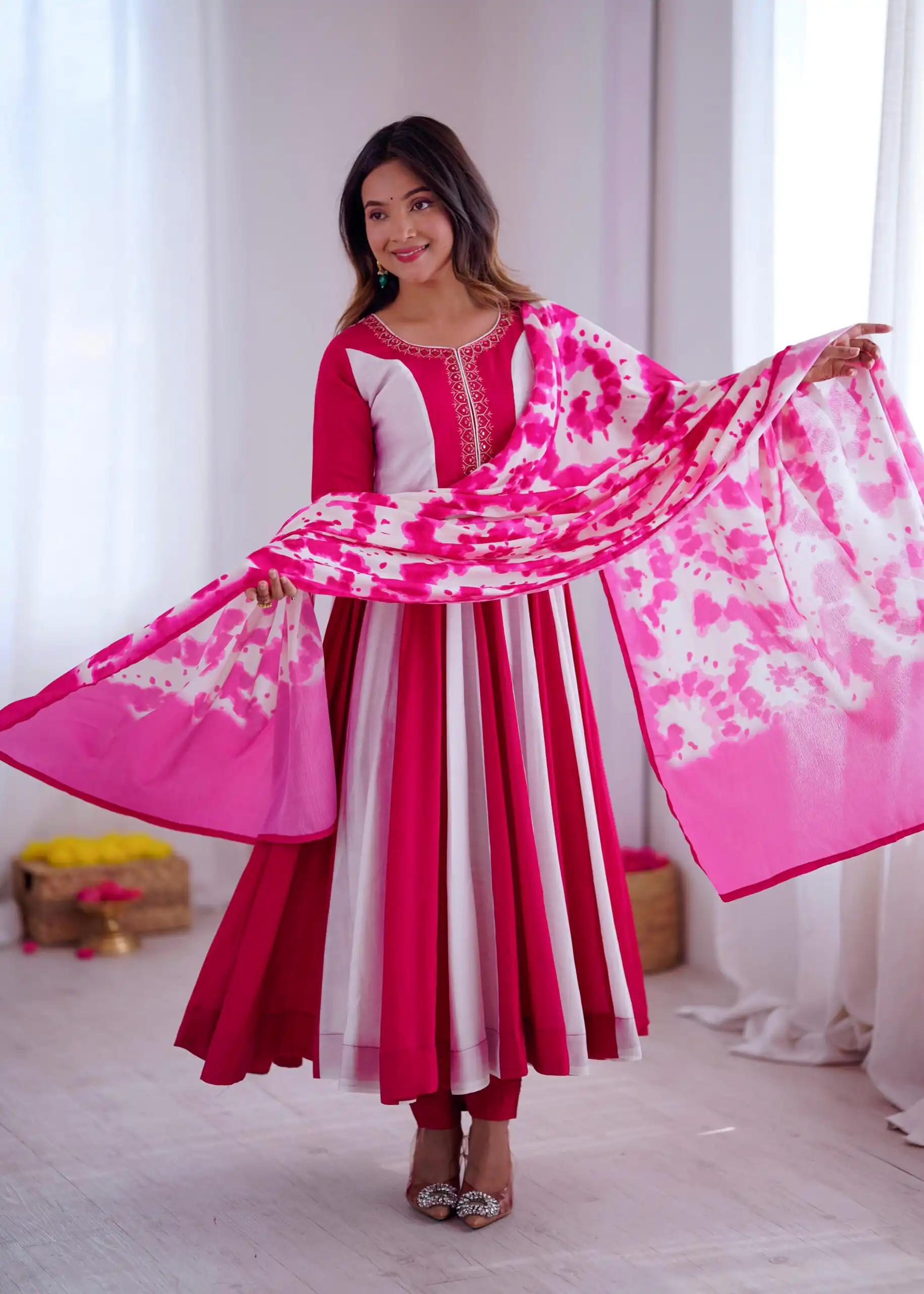 ZF 5014 Pink Roman Silk Gown with Embroidery Work & Digital Print . Exclusive Offer ₹2149. Delivery 4-6 Working Days. Shop now. | Gowns, Bollywood Gowns, Creative Gowns, Designer Gowns, Embroidered Gowns, Party Wear Gowns