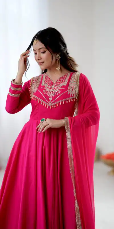 ZSR 3149 Pink Roman silk Gown Perfect for Wedding, Party, Sangeet, Haldi, Lohri – . Introductory Price ₹2099. Delivery 4-6 Working Days. Shop now. | Gowns, Bollywood Gowns, Creative Gowns, Designer Gowns, Embroidered Gowns, Party Wear Gowns
