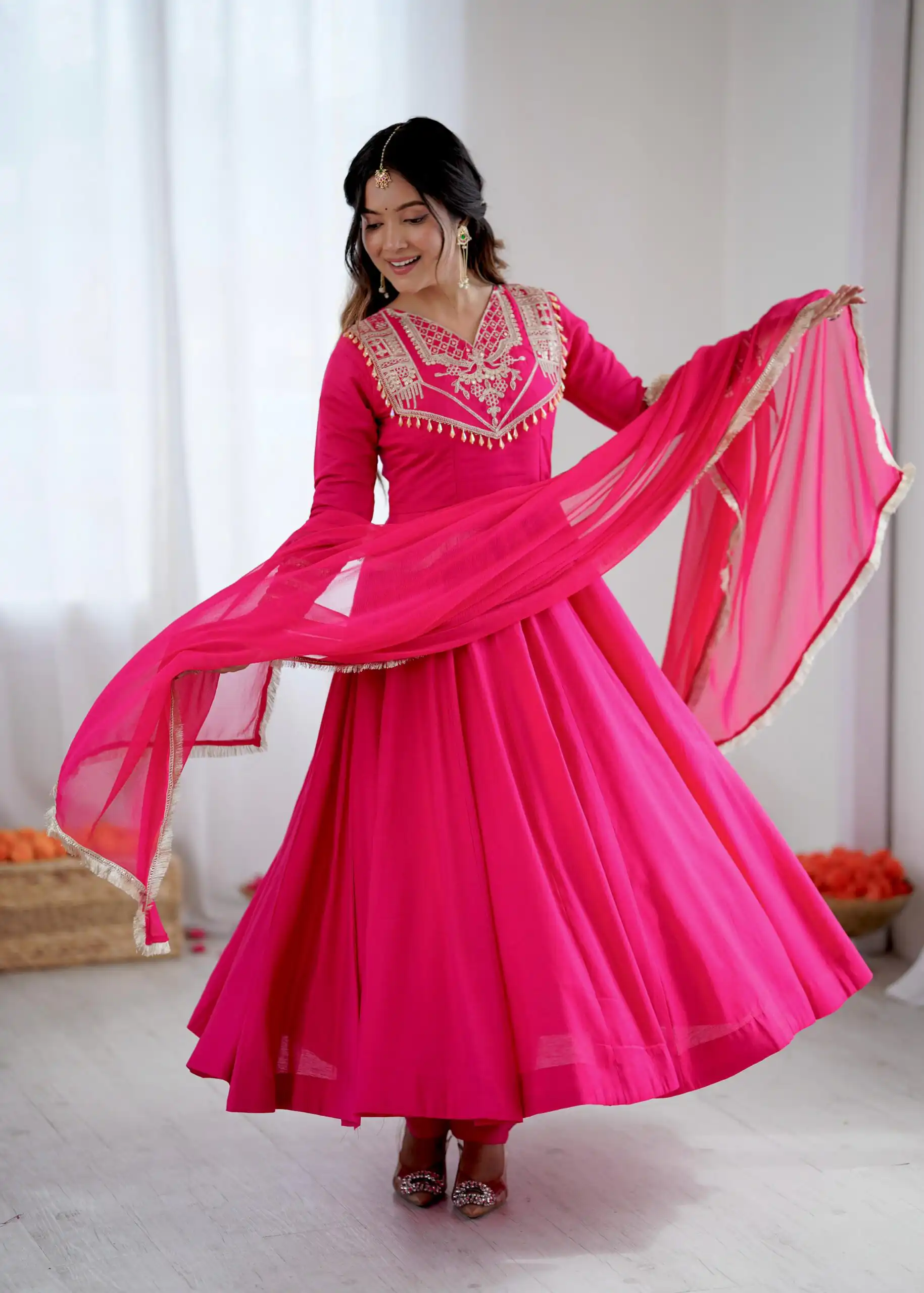 ZSR 3149 Pink Roman silk Gown Perfect for Wedding, Party, Sangeet, Haldi, Lohri – . Introductory Price ₹2099. Delivery 4-6 Working Days. Shop now. | Gowns, Bollywood Gowns, Creative Gowns, Designer Gowns, Embroidered Gowns, Party Wear Gowns