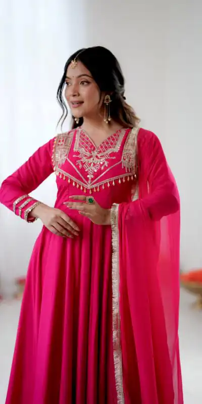 ZSR 3149 Pink Roman silk Gown Perfect for Wedding, Party, Sangeet, Haldi, Lohri – . Introductory Price ₹2099. Delivery 4-6 Working Days. Shop now. | Gowns, Bollywood Gowns, Creative Gowns, Designer Gowns, Embroidered Gowns, Party Wear Gowns