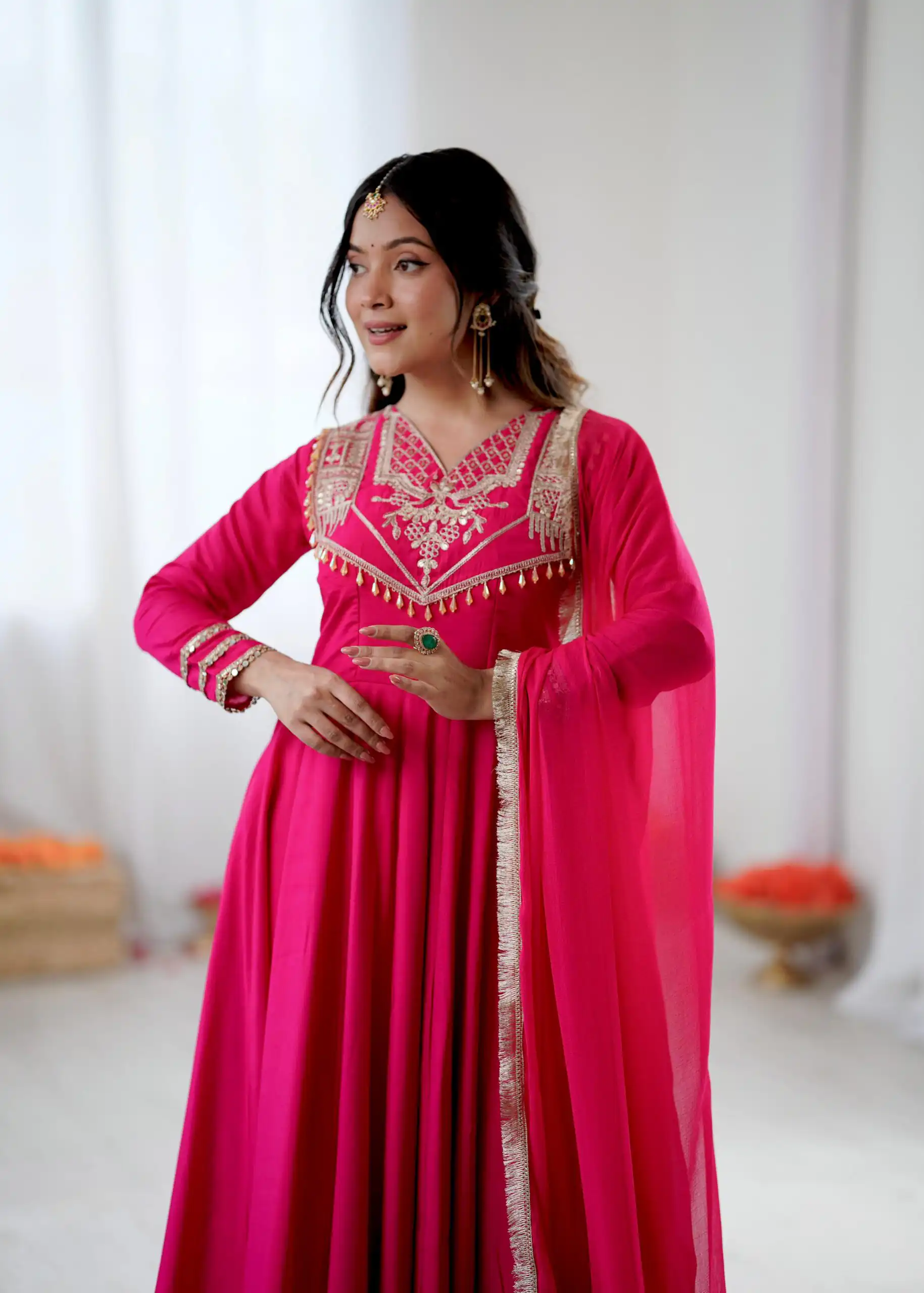 ZSR 3149 Pink Roman silk Gown Perfect for Wedding, Party, Sangeet, Haldi, Lohri – . Introductory Price ₹2099. Delivery 4-6 Working Days. Shop now. | Gowns, Bollywood Gowns, Creative Gowns, Designer Gowns, Embroidered Gowns, Party Wear Gowns