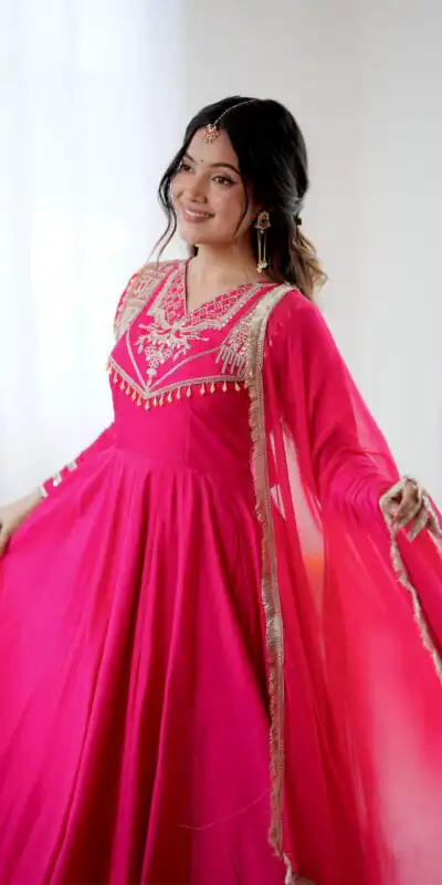 ZSR 3149 Pink Roman silk Gown Perfect for Wedding, Party, Sangeet, Haldi, Lohri – . Introductory Price ₹2099. Delivery 4-6 Working Days. Shop now. | Gowns, Bollywood Gowns, Creative Gowns, Designer Gowns, Embroidered Gowns, Party Wear Gowns