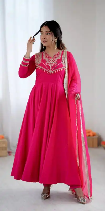ZSR 3149 Pink Roman silk Gown Perfect for Wedding, Party, Sangeet, Haldi, Lohri – . Introductory Price ₹2099. Delivery 4-6 Working Days. Shop now. | Gowns, Bollywood Gowns, Creative Gowns, Designer Gowns, Embroidered Gowns, Party Wear Gowns