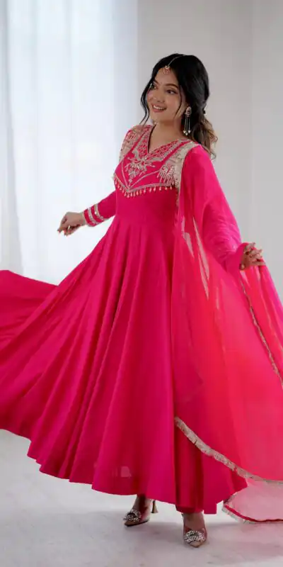ZSR 3149 Pink Roman silk Gown Perfect for Wedding, Party, Sangeet, Haldi, Lohri – . Introductory Price ₹2099. Delivery 4-6 Working Days. Shop now. | Gowns, Bollywood Gowns, Creative Gowns, Designer Gowns, Embroidered Gowns, Party Wear Gowns