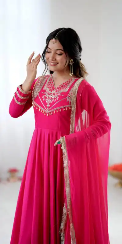 ZSR 3149 Pink Roman silk Gown Perfect for Wedding, Party, Sangeet, Haldi, Lohri – . Introductory Price ₹2099. Delivery 4-6 Working Days. Shop now. | Gowns, Bollywood Gowns, Creative Gowns, Designer Gowns, Embroidered Gowns, Party Wear Gowns