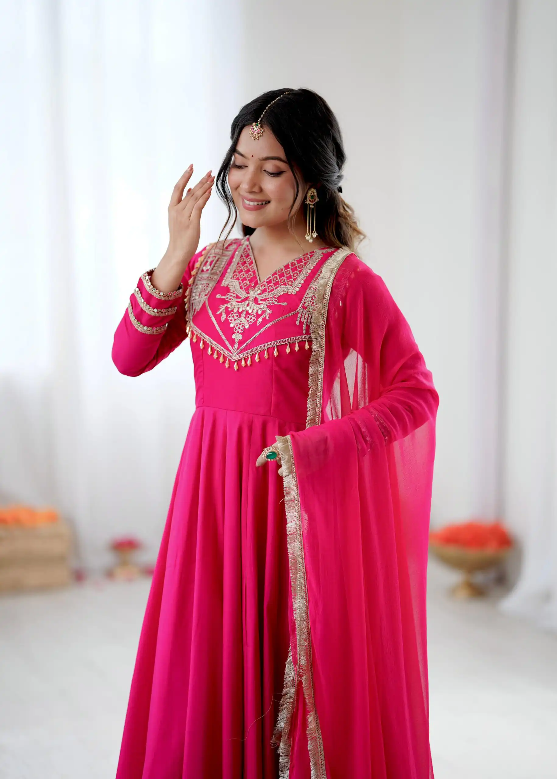 ZSR 3149 Pink Roman silk Gown Perfect for Wedding, Party, Sangeet, Haldi, Lohri – . Introductory Price ₹2099. Delivery 4-6 Working Days. Shop now. | Gowns, Bollywood Gowns, Creative Gowns, Designer Gowns, Embroidered Gowns, Party Wear Gowns