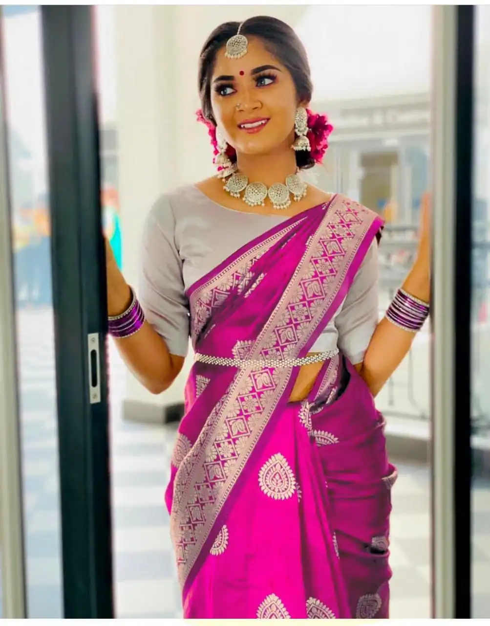 Pink Soft Lichi Silk Lace Work Border Saree - Image 2