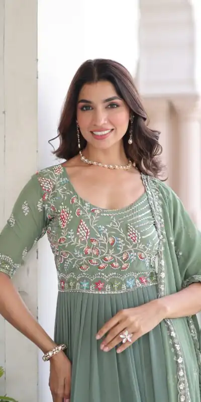 KA 1213 Pista Faux Blooming Gown with Embroidery Work & Sequins Work. Best Price ₹2449. Delivery 4-6 Working Days. Shop now. | Gowns, Bollywood Gowns, Creative Gowns, Designer Gowns, Embroidered Gowns, Party Wear Gowns