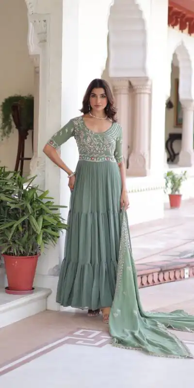 KA 1213 Pista Faux Blooming Gown with Embroidery Work & Sequins Work. Best Price ₹2449. Delivery 4-6 Working Days. Shop now. | Gowns, Bollywood Gowns, Creative Gowns, Designer Gowns, Embroidered Gowns, Party Wear Gowns