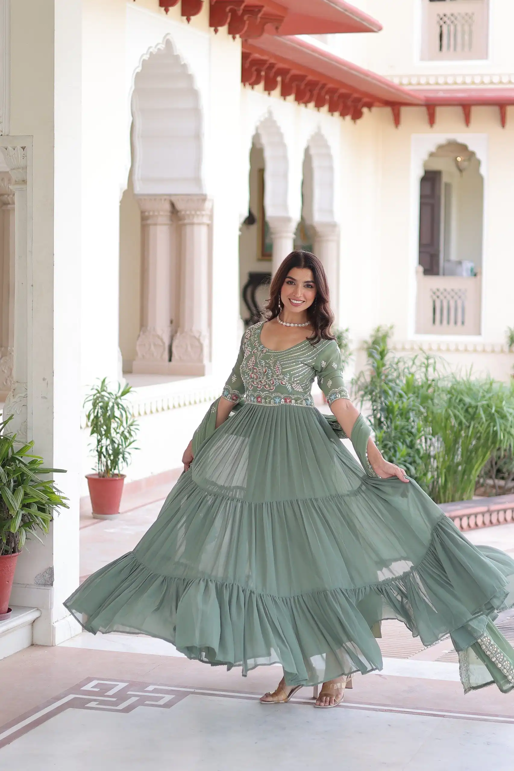 KA 1213 Pista Faux Blooming Gown with Embroidery Work & Sequins Work. Best Price ₹2449. Delivery 4-6 Working Days. Shop now. | Gowns, Bollywood Gowns, Creative Gowns, Designer Gowns, Embroidered Gowns, Party Wear Gowns