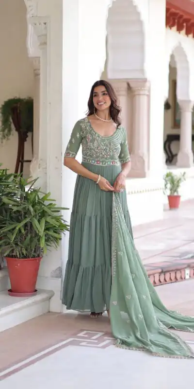 KA 1213 Pista Faux Blooming Gown with Embroidery Work & Sequins Work. Best Price ₹2449. Delivery 4-6 Working Days. Shop now. | Gowns, Bollywood Gowns, Creative Gowns, Designer Gowns, Embroidered Gowns, Party Wear Gowns