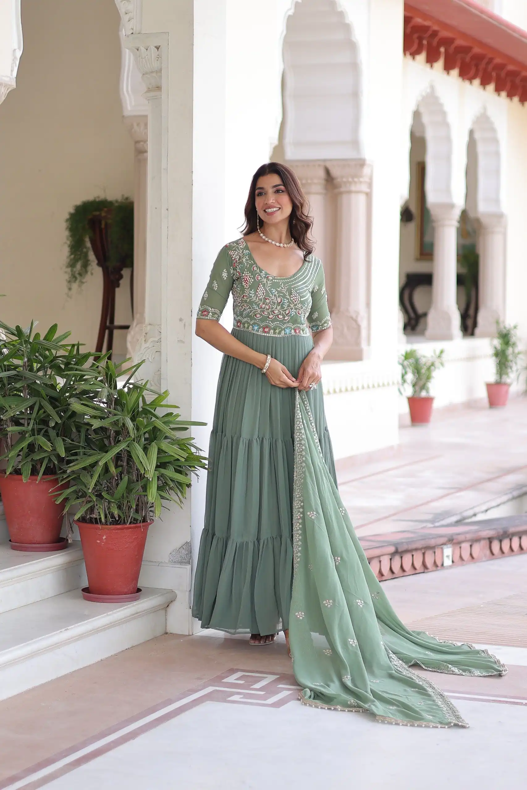 KA 1213 Pista Faux Blooming Gown with Embroidery Work & Sequins Work. Best Price ₹2449. Delivery 4-6 Working Days. Shop now. | Gowns, Bollywood Gowns, Creative Gowns, Designer Gowns, Embroidered Gowns, Party Wear Gowns