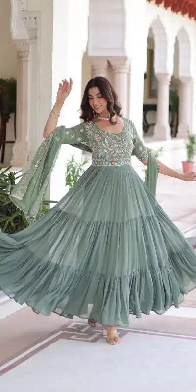 KA 1213 Pista Faux Blooming Gown with Embroidery Work & Sequins Work. Best Price ₹2449. Delivery 4-6 Working Days. Shop now. | Gowns, Bollywood Gowns, Creative Gowns, Designer Gowns, Embroidered Gowns, Party Wear Gowns