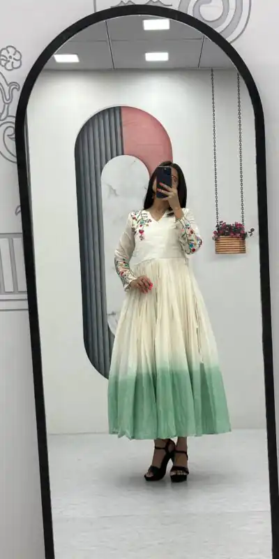 PC 526 Pista Soft Cotton Gown with Embroidery Work. Wedding, Party, Festive, Events, Best Price ₹1749. Delivery 4-6 Working Days. Shop now. | Gowns, Bollywood Gowns, Creative Gowns, Designer Gowns, Embroidered Gowns, Party Wear Gowns