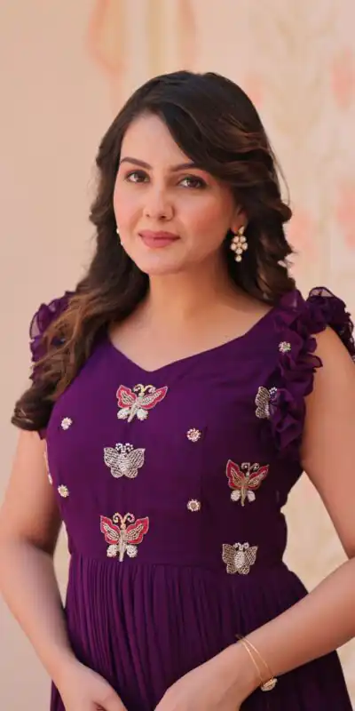 KA 1174 Purple Faux Blooming Gown Perfect for Wedding, Party, Housewarming, Baby Shower, Raksha Bandhan – . Now at just ₹1699. Delivery 4-6 Working Dasy | Gowns, Bollywood Gowns, Creative Gowns, Designer Gowns, Embroidered Gowns, Party Wear Gowns