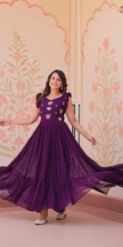 KA 1174 Purple Faux Blooming Gown Perfect for Wedding, Party, Housewarming, Baby Shower, Raksha Bandhan – . Now at just ₹1699. Delivery 4-6 Working Dasy | Gowns, Bollywood Gowns, Creative Gowns, Designer Gowns, Embroidered Gowns, Party Wear Gowns