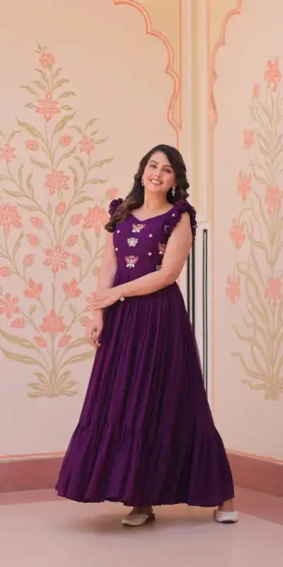 KA 1174 Purple Faux Blooming Gown Perfect for Wedding, Party, Housewarming, Baby Shower, Raksha Bandhan – . Now at just ₹1699. Delivery 4-6 Working Dasy | Gowns, Bollywood Gowns, Creative Gowns, Designer Gowns, Embroidered Gowns, Party Wear Gowns