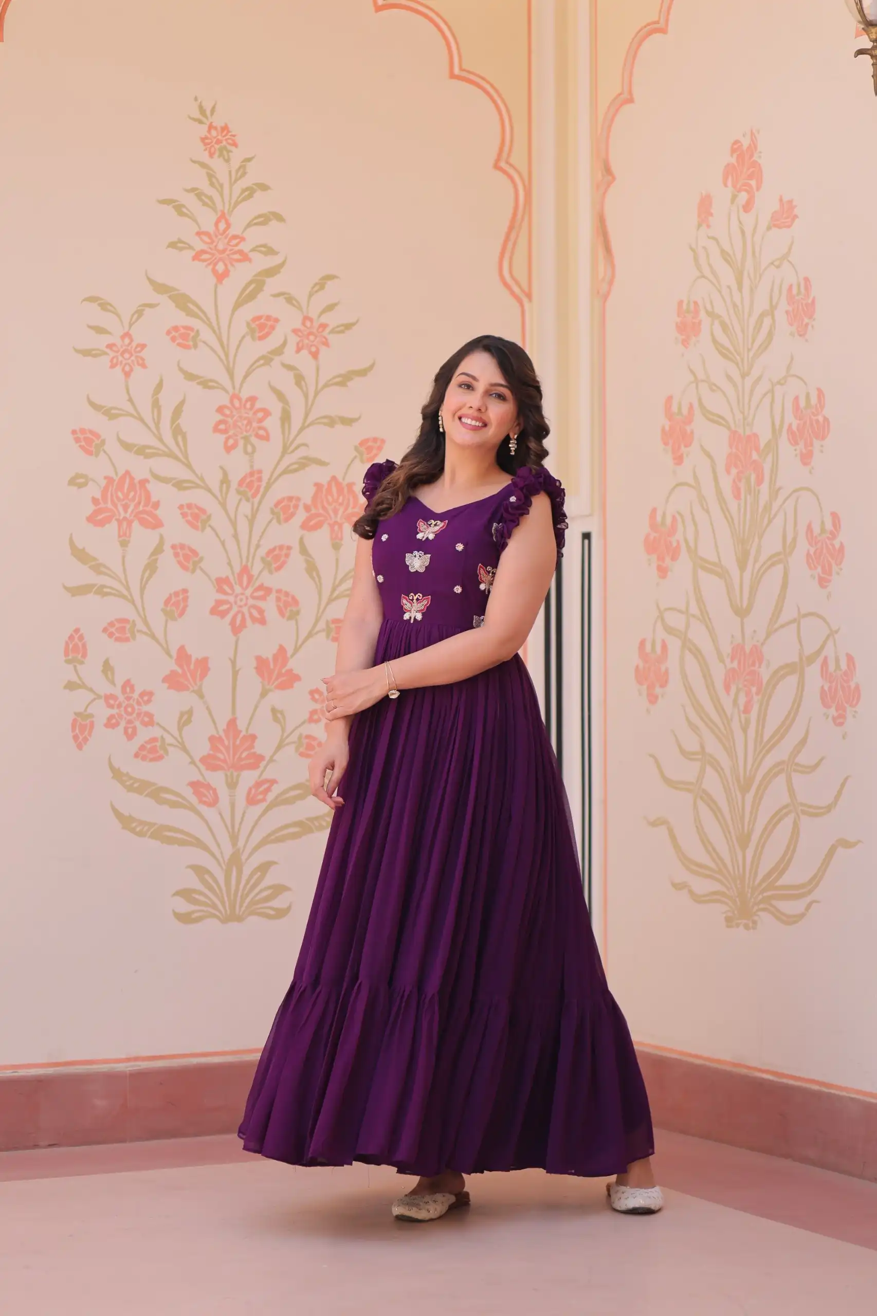 KA 1174 Purple Faux Blooming Gown Perfect for Wedding, Party, Housewarming, Baby Shower, Raksha Bandhan – . Now at just ₹1699. Delivery 4-6 Working Dasy | Gowns, Bollywood Gowns, Creative Gowns, Designer Gowns, Embroidered Gowns, Party Wear Gowns