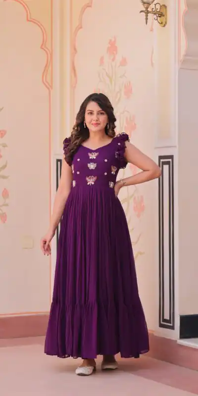 KA 1174 Purple Faux Blooming Gown Perfect for Wedding, Party, Housewarming, Baby Shower, Raksha Bandhan – . Now at just ₹1699. Delivery 4-6 Working Dasy | Gowns, Bollywood Gowns, Creative Gowns, Designer Gowns, Embroidered Gowns, Party Wear Gowns