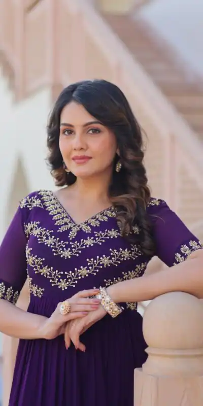 KA 1172 Purple in Faux Blooming Embroidery Work & Sequins Work Gown . Affordable Price ₹1749. Delivery 4-6 Working Days. Shop now. | Gowns, Bollywood Gowns, Creative Gowns, Designer Gowns, Embroidered Gowns, Party Wear Gowns