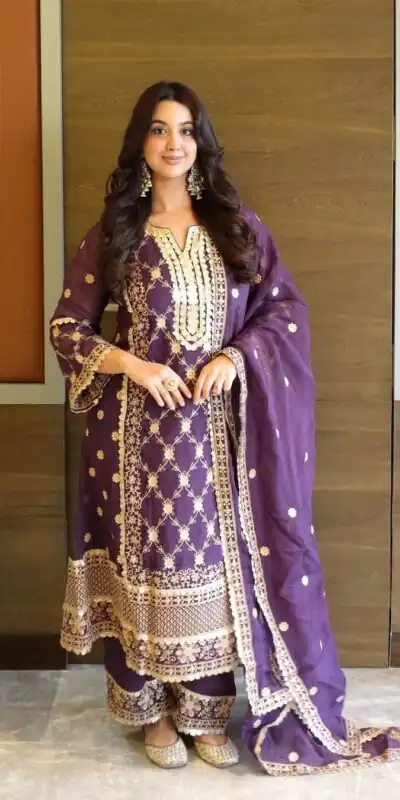 Purple Pure Chinnon Embroidery Work Salwar Suit