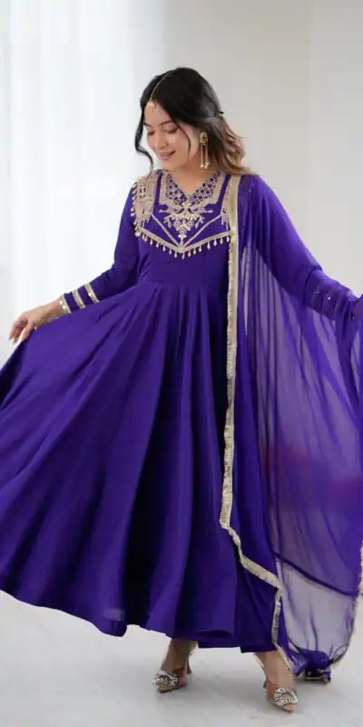 ZSR 3149 Purple Roman silk Gown Perfect for Wedding, Party, Sangeet, Haldi, Lohri – . Introductory Price ₹2099. Delivery 4-6 Working Days. Shop now. | Gowns, Bollywood Gowns, Creative Gowns, Designer Gowns, Embroidered Gowns, Party Wear Gowns