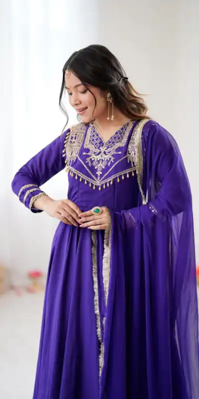 ZSR 3149 Purple Roman silk Gown Perfect for Wedding, Party, Sangeet, Haldi, Lohri – . Introductory Price ₹2099. Delivery 4-6 Working Days. Shop now. | Gowns, Bollywood Gowns, Creative Gowns, Designer Gowns, Embroidered Gowns, Party Wear Gowns