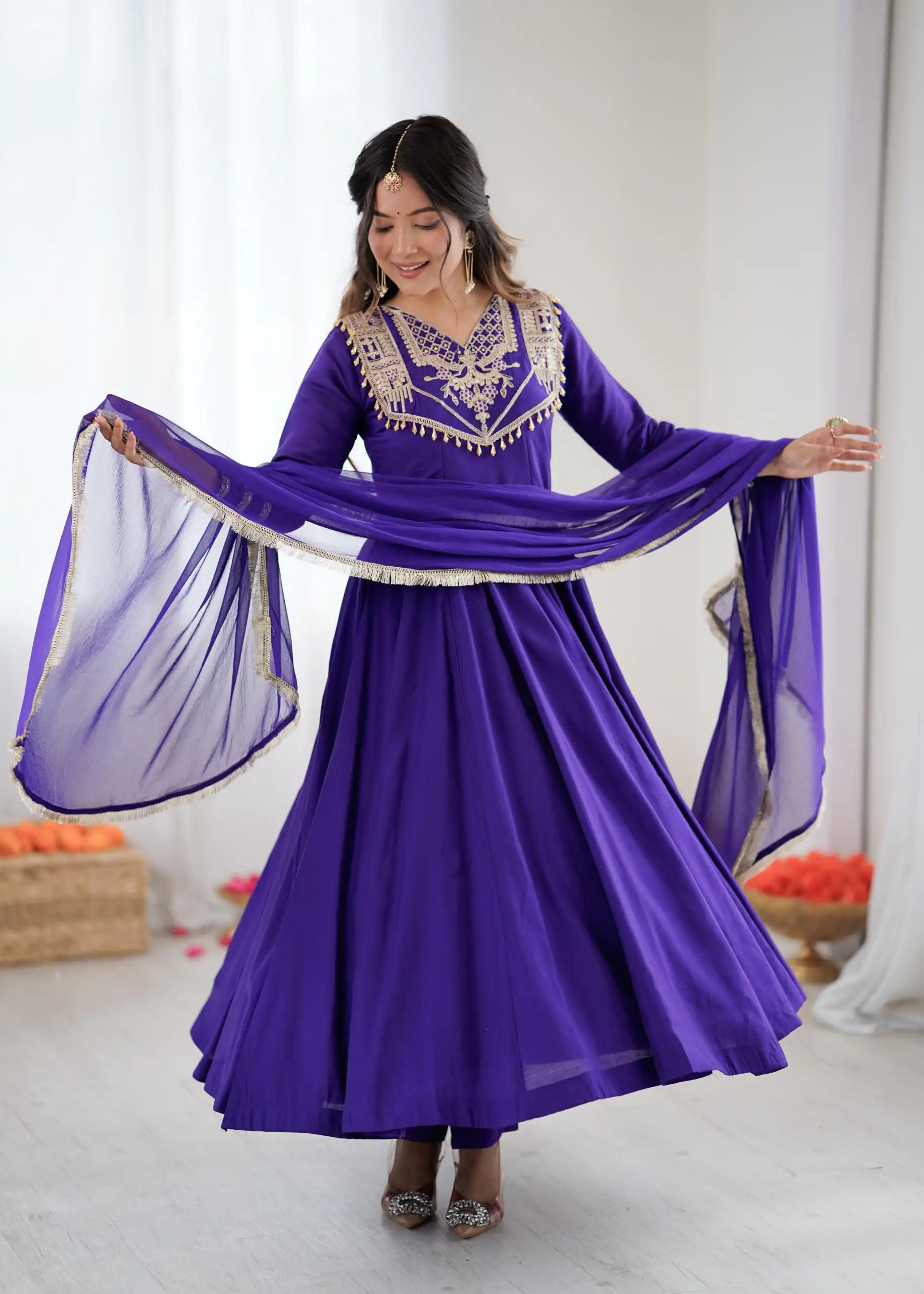 ZSR 3149 Purple Roman silk Gown Perfect for Wedding, Party, Sangeet, Haldi, Lohri – . Introductory Price ₹2099. Delivery 4-6 Working Days. Shop now. | Gowns, Bollywood Gowns, Creative Gowns, Designer Gowns, Embroidered Gowns, Party Wear Gowns