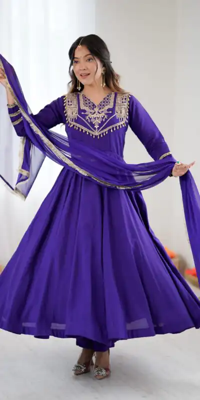 ZSR 3149 Purple Roman silk Gown Perfect for Wedding, Party, Sangeet, Haldi, Lohri – . Introductory Price ₹2099. Delivery 4-6 Working Days. Shop now. | Gowns, Bollywood Gowns, Creative Gowns, Designer Gowns, Embroidered Gowns, Party Wear Gowns