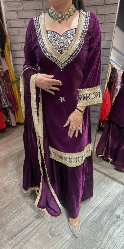 LG 2044 Purple in Velvet Mirror Work & Embroidery Work Salwar Suit . Best Price ₹2599. Delivery 4-6 Working Days. Shop now. | Jump Suits, Tops & Bottoms, Track Suits, Salwar suit, Casual Suits, Creative suits, Designer Suits, Palazzo Suits, Party Wear Suits, Patiala Suits, Straight Suits, Trendy Wear