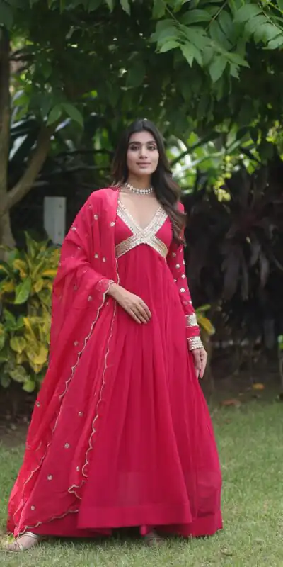 KA 1067 Rani Pink Faux Blooming Gown Perfect for Wedding, Party, Haldi, Raksha Bandhan, Traditional Day – . Exclusive Offer ₹1849. Delivery 4-6 Working Da | Gowns, Bollywood Gowns, Creative Gowns, Designer Gowns, Embroidered Gowns, Party Wear Gowns