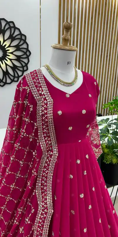 ZF 359 Rani Pink Color Georgette Embroidery Sequence Work Gown Casual, Wedding, Party, Festive, Events Etc. Expected Delivery 4-6 Working Days @1999/- | Gowns, Bollywood Gowns, Creative Gowns, Designer Gowns, Embroidered Gowns, Party Wear Gowns