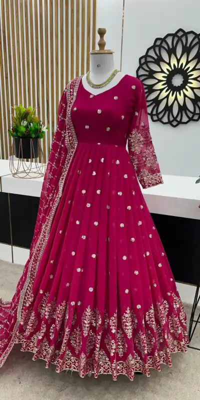 ZF 359 Rani Pink Color Georgette Embroidery Sequence Work Gown Casual, Wedding, Party, Festive, Events Etc. Expected Delivery 4-6 Working Days @1999/- | Gowns, Bollywood Gowns, Creative Gowns, Designer Gowns, Embroidered Gowns, Party Wear Gowns